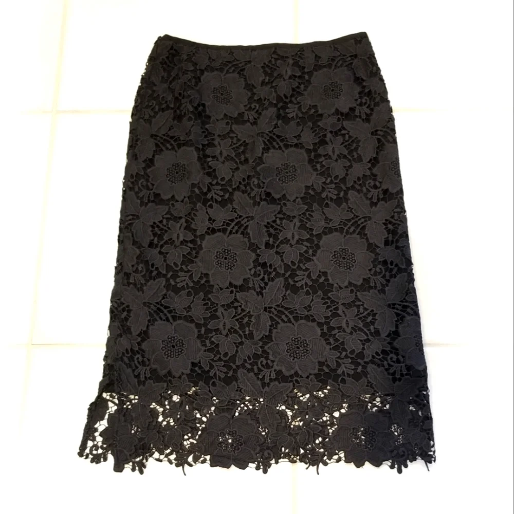 Lafayette 148 New York Over the Knee Black Lace Overlay Pencil Skirt Sz 8
